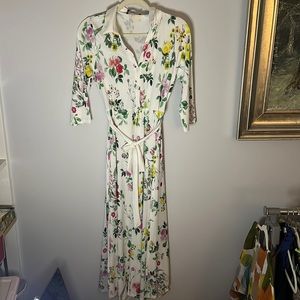 Floral Tie-Waist Midi Dress - White with Multi Floral